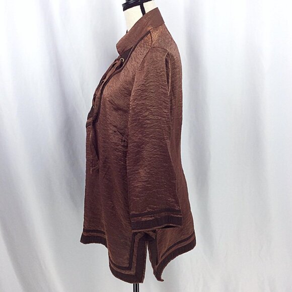 Ali Miles Tunic Top Womens Size XL Brown Metallic Lace Up Slit Hem - Picture 4 of 8